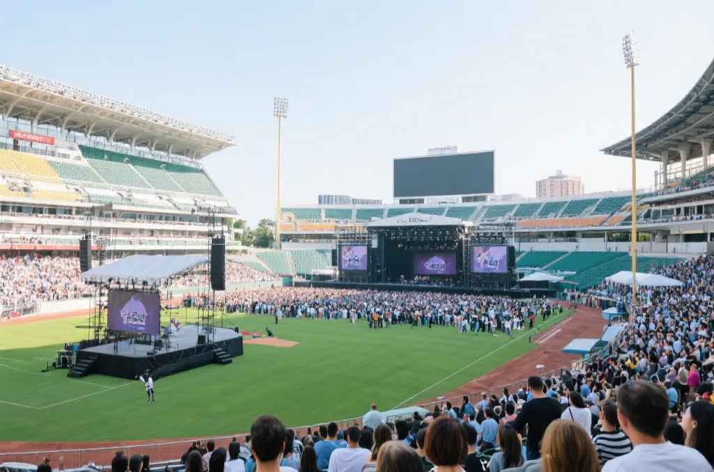 白天球场转为市民集会和演唱会场景，开放空间感