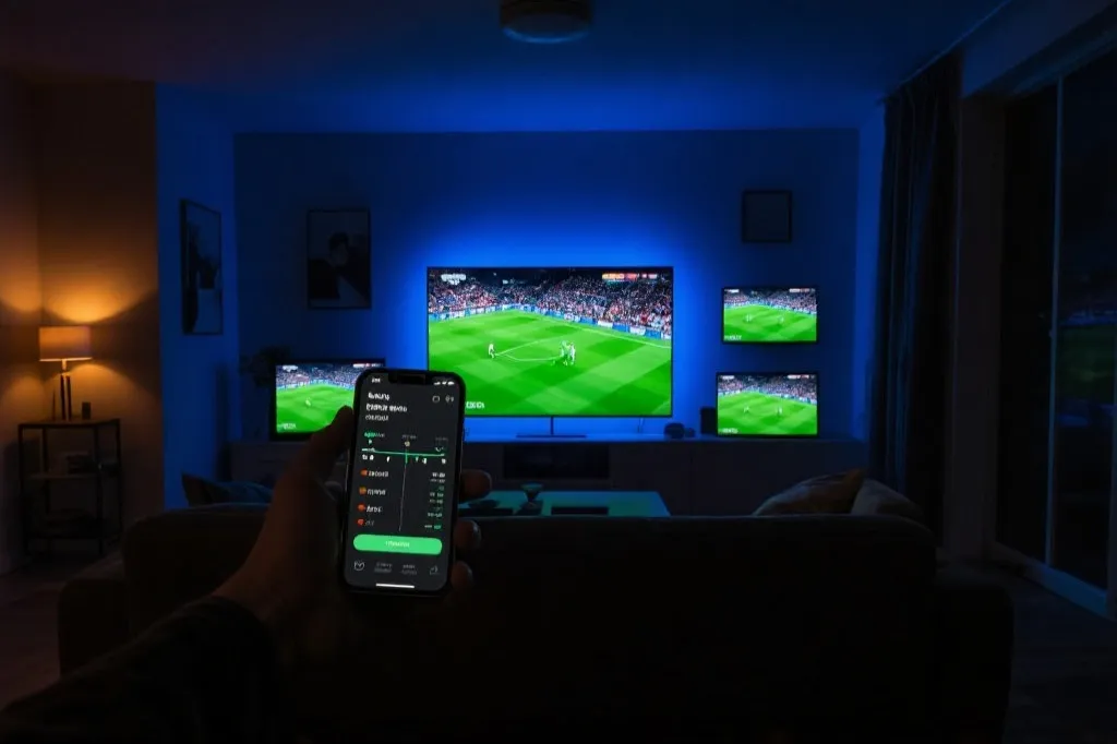 夜晚客厅多屏协同观赛：电视播放比赛，手机显示赛程提醒与关键事件时间线，氛围灯光，电影感