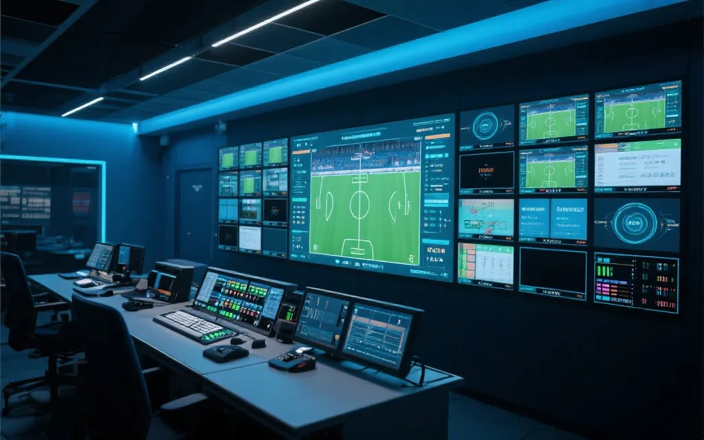 现代化足球转播控制室，屏幕显示多机位画面与实时数据图层