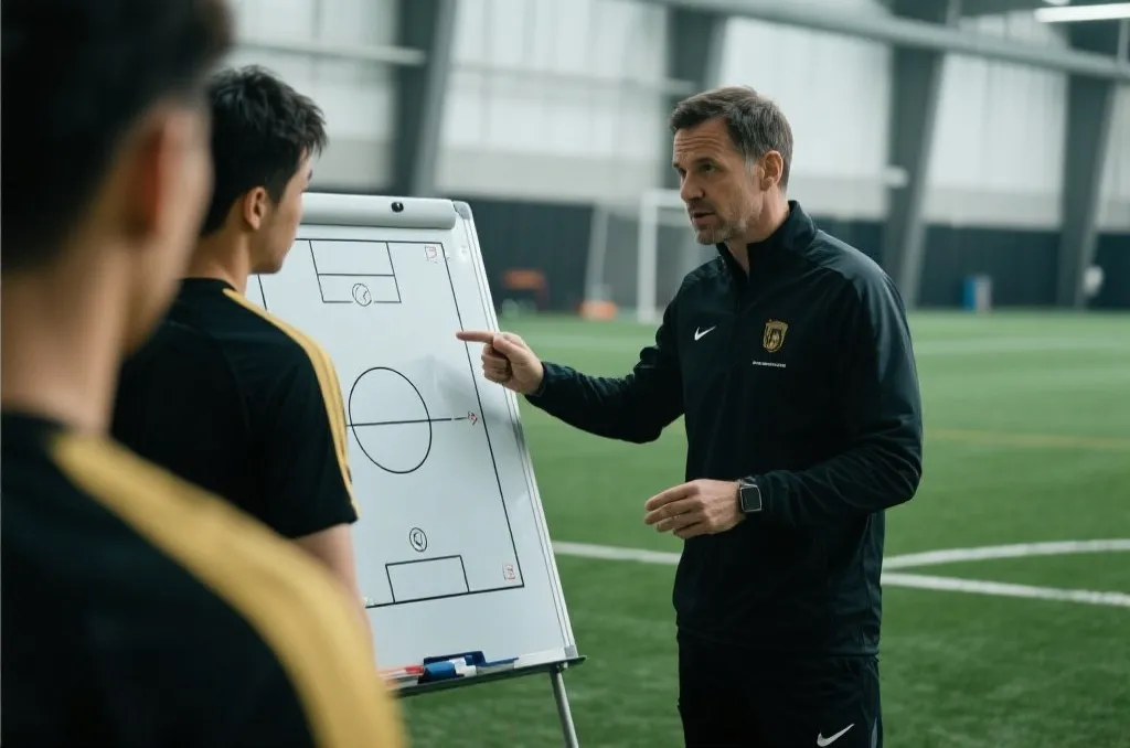 教练在训练场边与球员沟通战术与情绪管理，严谨而克制的氛围