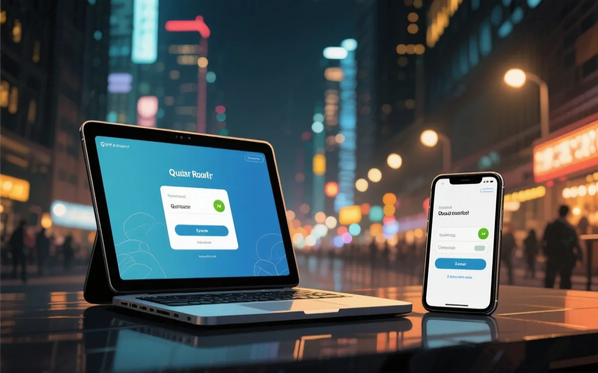 手机与笔记本同时显示队列与付款确认页面，背景为夜晚城市灯光，紧张但有序