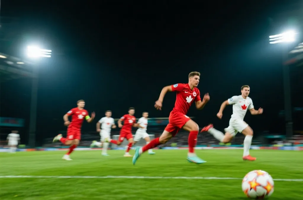 加拿大国家队球员在绿茵场上快速反击，观众席灯光闪烁，画面紧张而热血