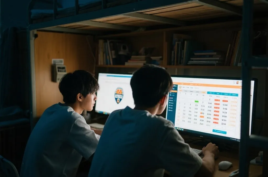 学生在宿舍一边学习一边查看世界杯赛程和积分榜
